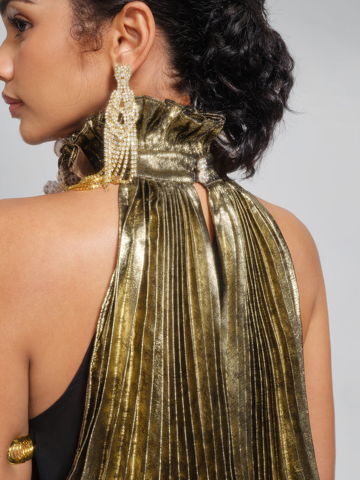 Metallic Pleated Organza-Floral Blouse