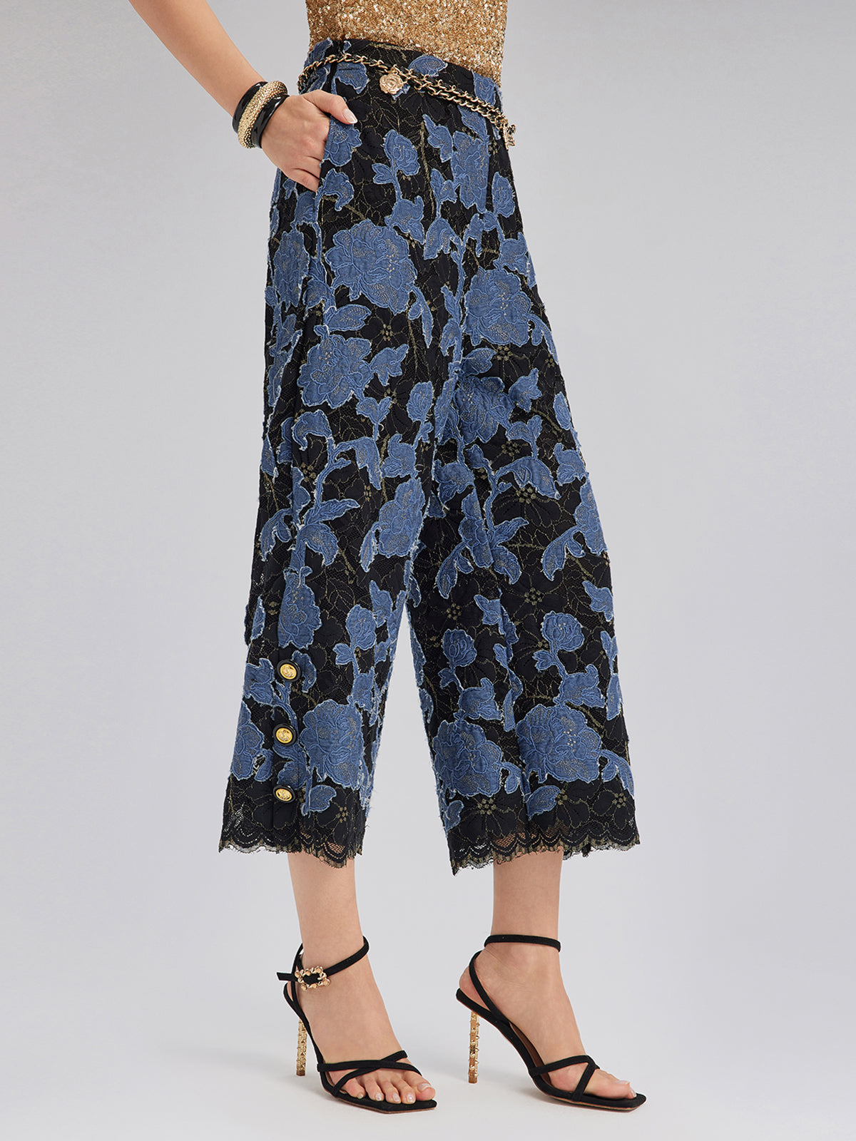 Hand-Sewn Ribbon Jacquard Lace Wide-Leg Pants