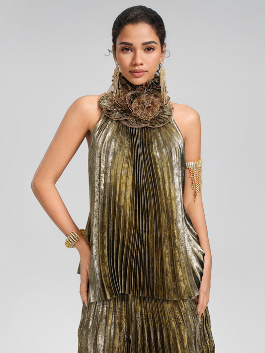Metallic Pleated Organza-Floral Blouse