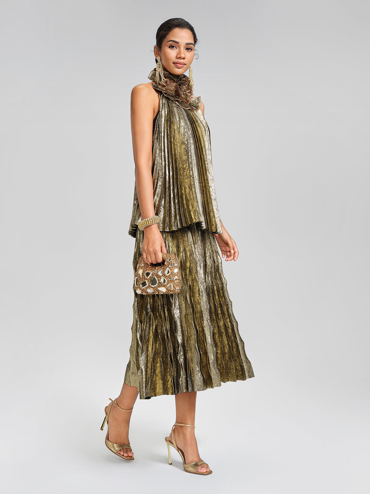 Metallic Pleated Organza-Floral Blouse