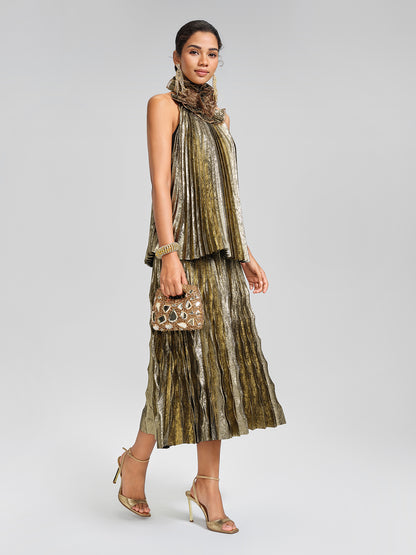 Metallic Pleated Organza-Floral Blouse