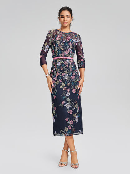 Sequin Embroidered Floral Tulle Dress(Waist Tie Included)