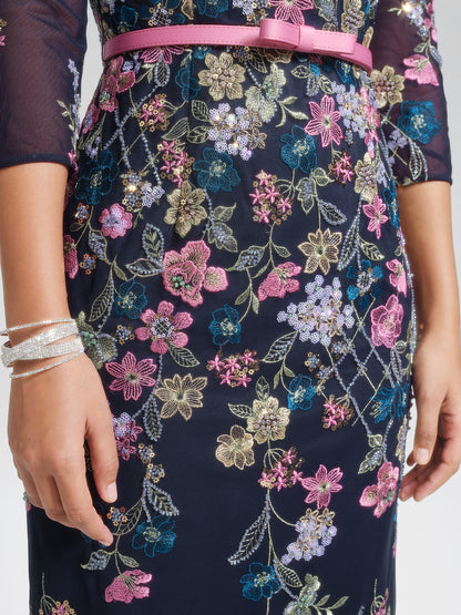 Sequin Embroidered Floral Tulle Dress(Waist Tie Included)