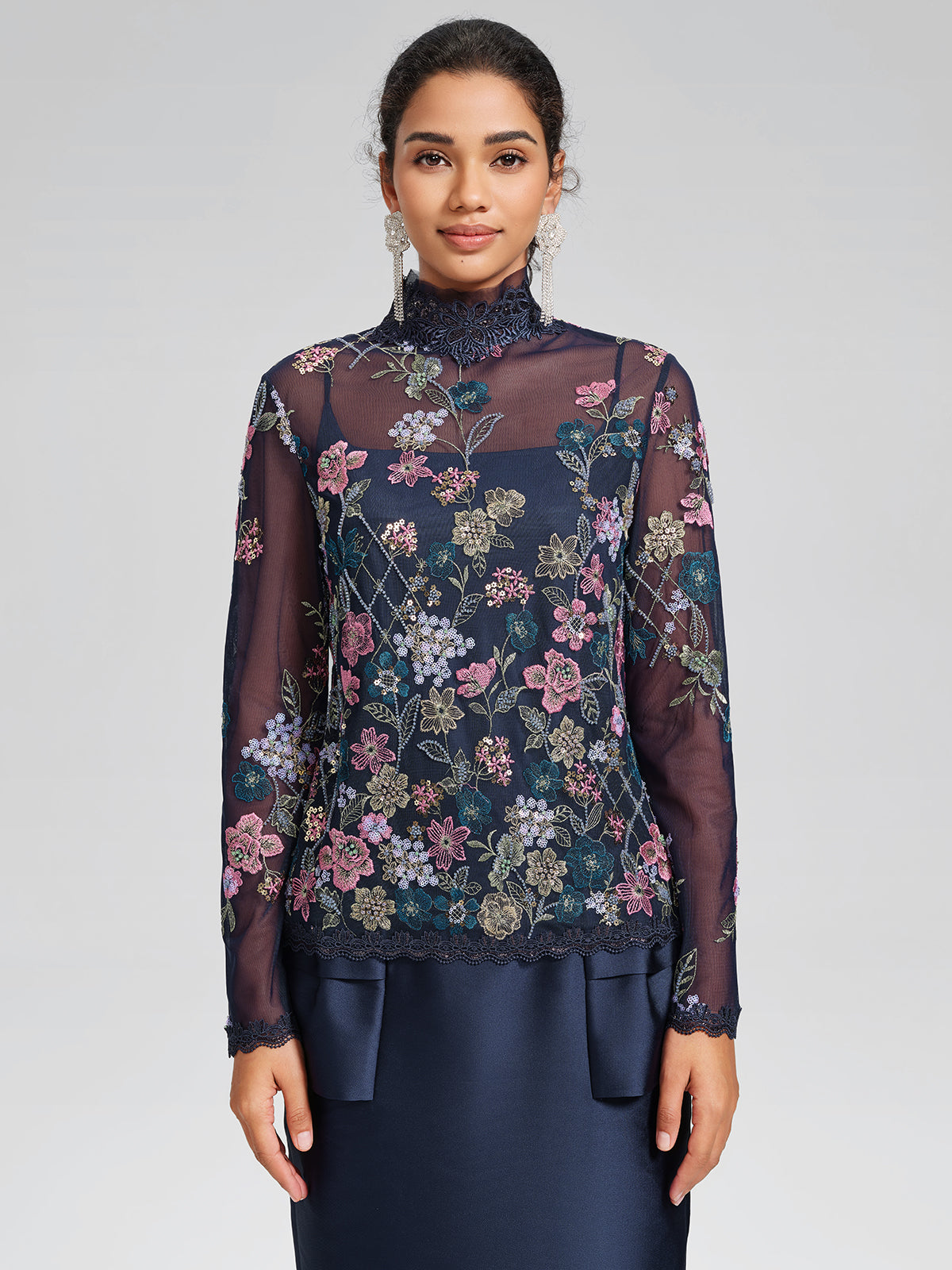 Beaded Floral Embroidery Lace-Panel Blouse (Camisole Included)