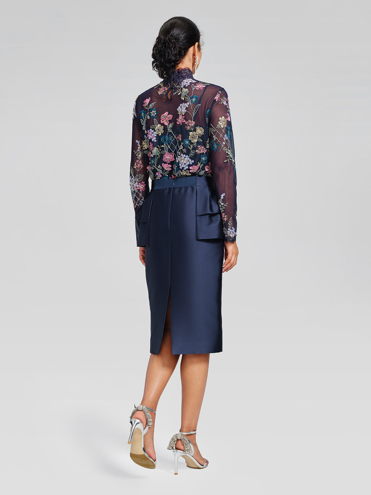 Beaded Floral Embroidery Lace-Panel Blouse (Camisole Included)