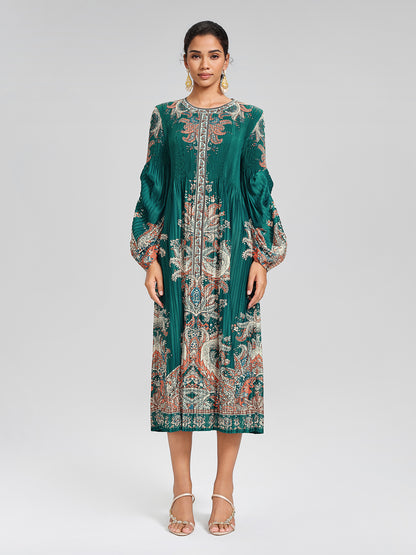 Printed Pleated Lantern Sleeve Dress