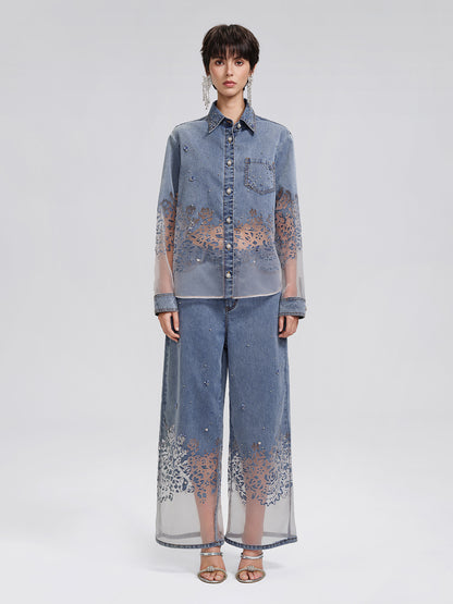 Denim Burnout Mesh Panel Rhinestone Loose Shirt