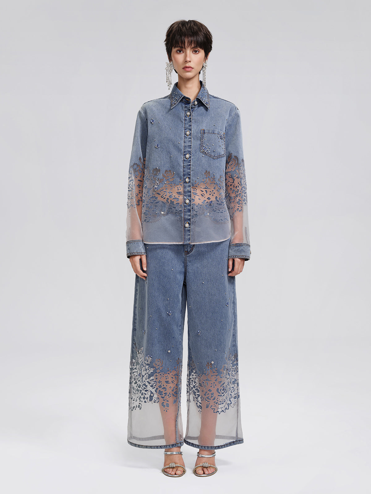 Denim Burnout Mesh Panel Rhinestone High-waist Wide-leg Pants