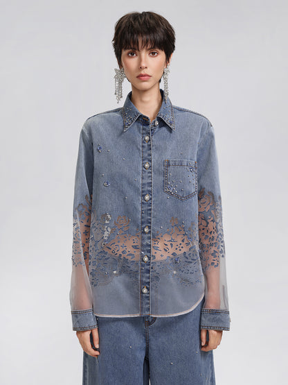 Denim Burnout Mesh Panel Rhinestone Loose Shirt