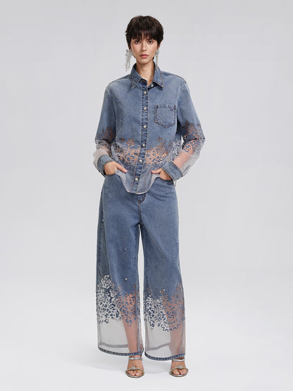 Denim Burnout Mesh Panel Rhinestone Loose Shirt