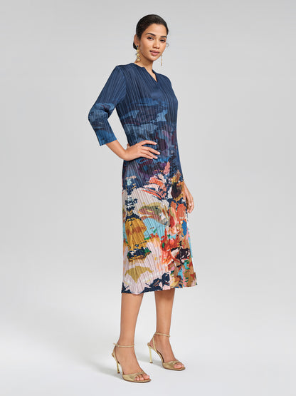 Stretch Pleated Asymmetric Artistic Print Dress