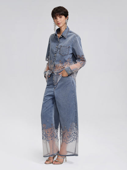 Denim Burnout Mesh Panel Rhinestone High-waist Wide-leg Pants
