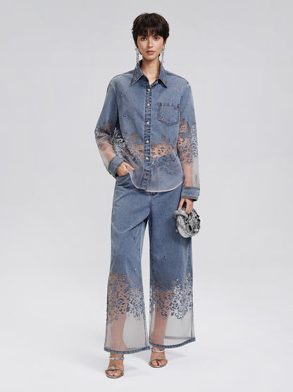 Denim Burnout Mesh Panel Rhinestone Loose Shirt