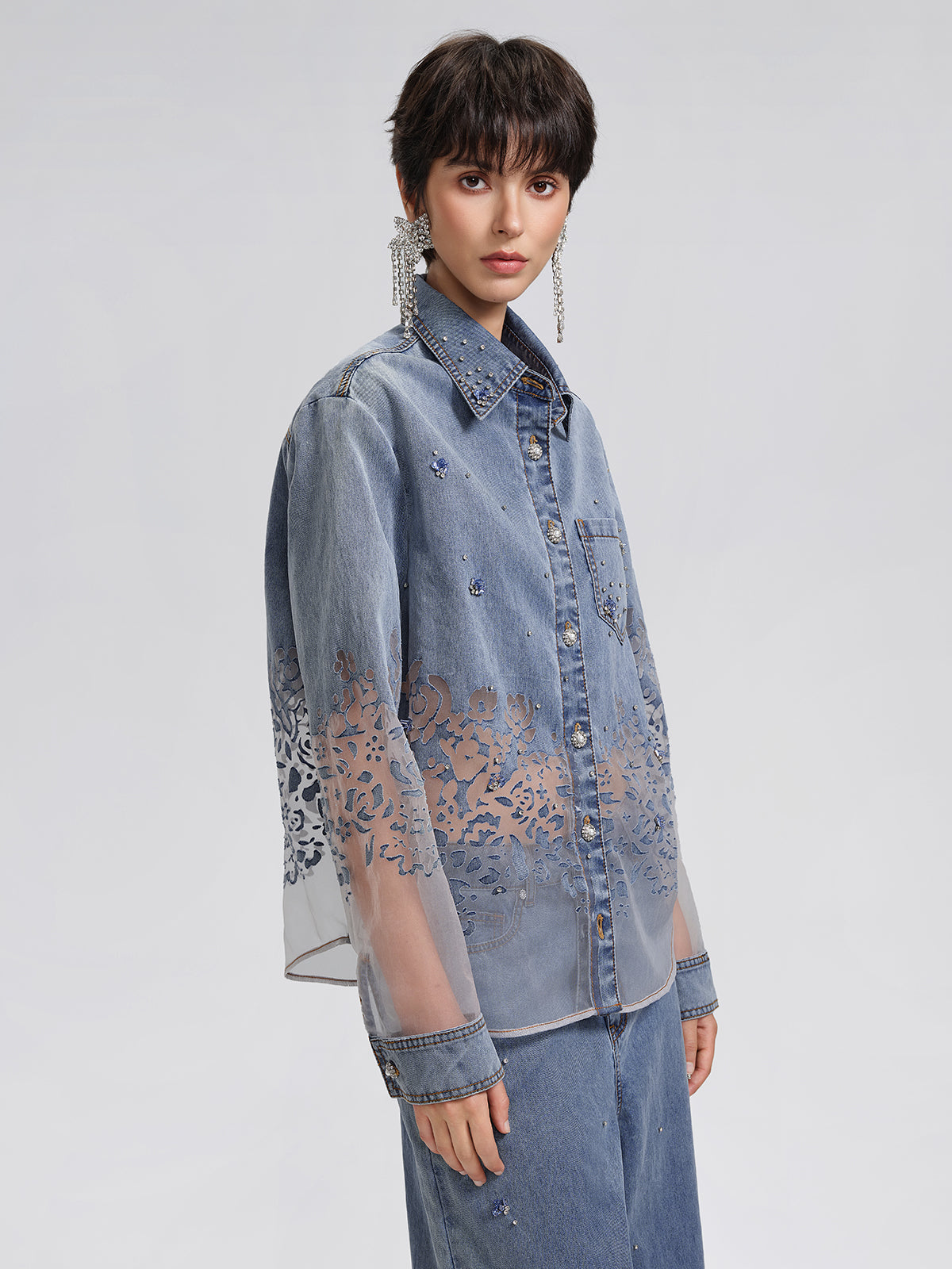 Denim Burnout Mesh Panel Rhinestone Loose Shirt
