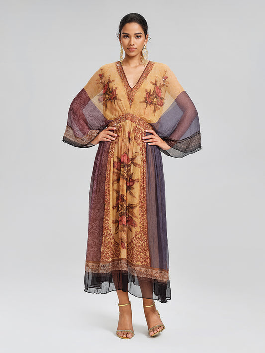 Silk Rhinestone Floral Batwing-Sleeve V-Neck Dress