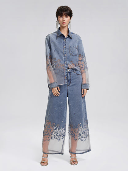 Denim Burnout Mesh Panel Rhinestone Loose Shirt