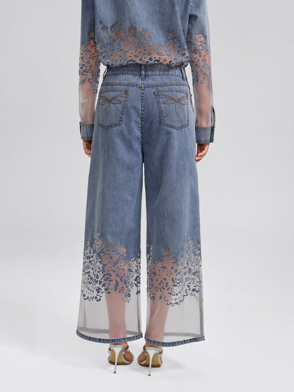 Denim Burnout Mesh Panel Rhinestone High-waist Wide-leg Pants