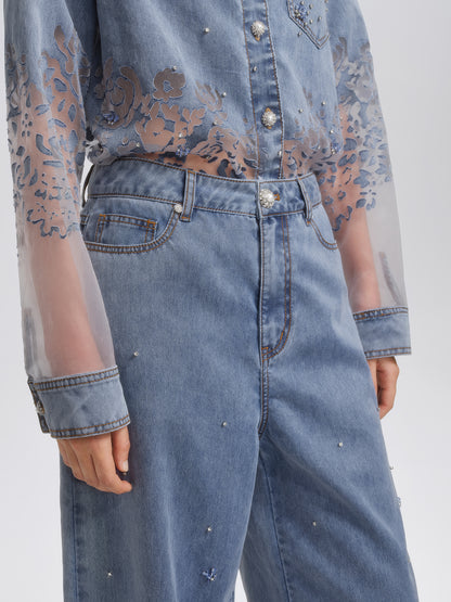 Denim Burnout Mesh Panel Rhinestone High-waist Wide-leg Pants