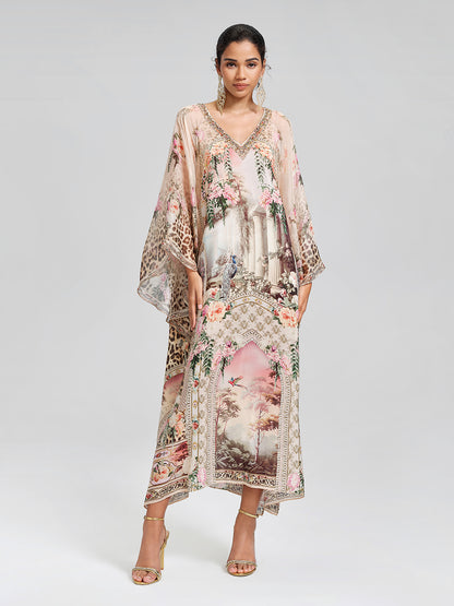 100% Silk Leopard-Floral Batwing-Sleeve Dress