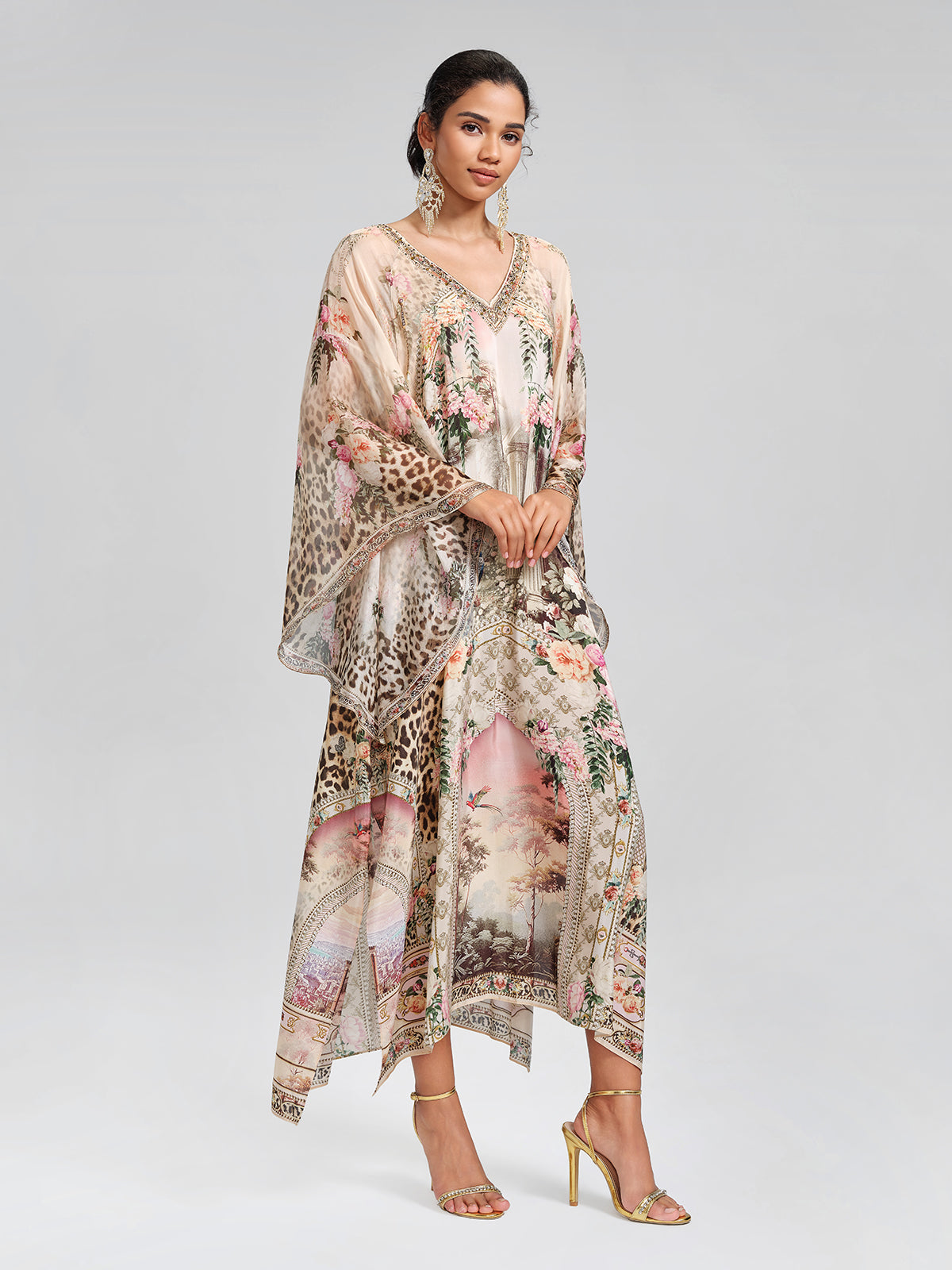 100% Silk Leopard-Floral Batwing-Sleeve Dress
