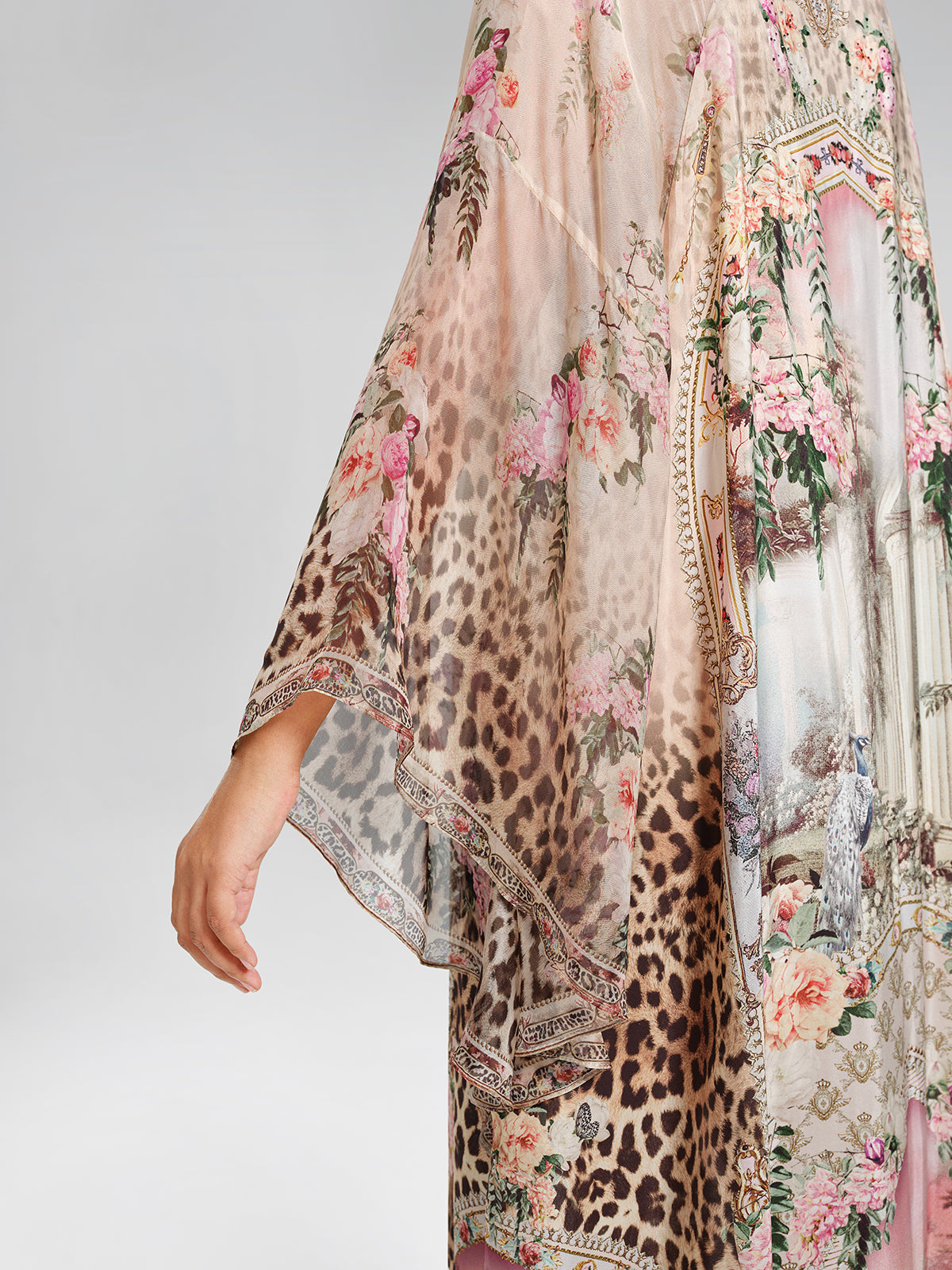 100% Silk Leopard-Floral Batwing-Sleeve Dress