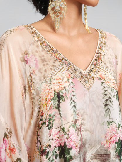 100% Silk Leopard-Floral Batwing-Sleeve Dress