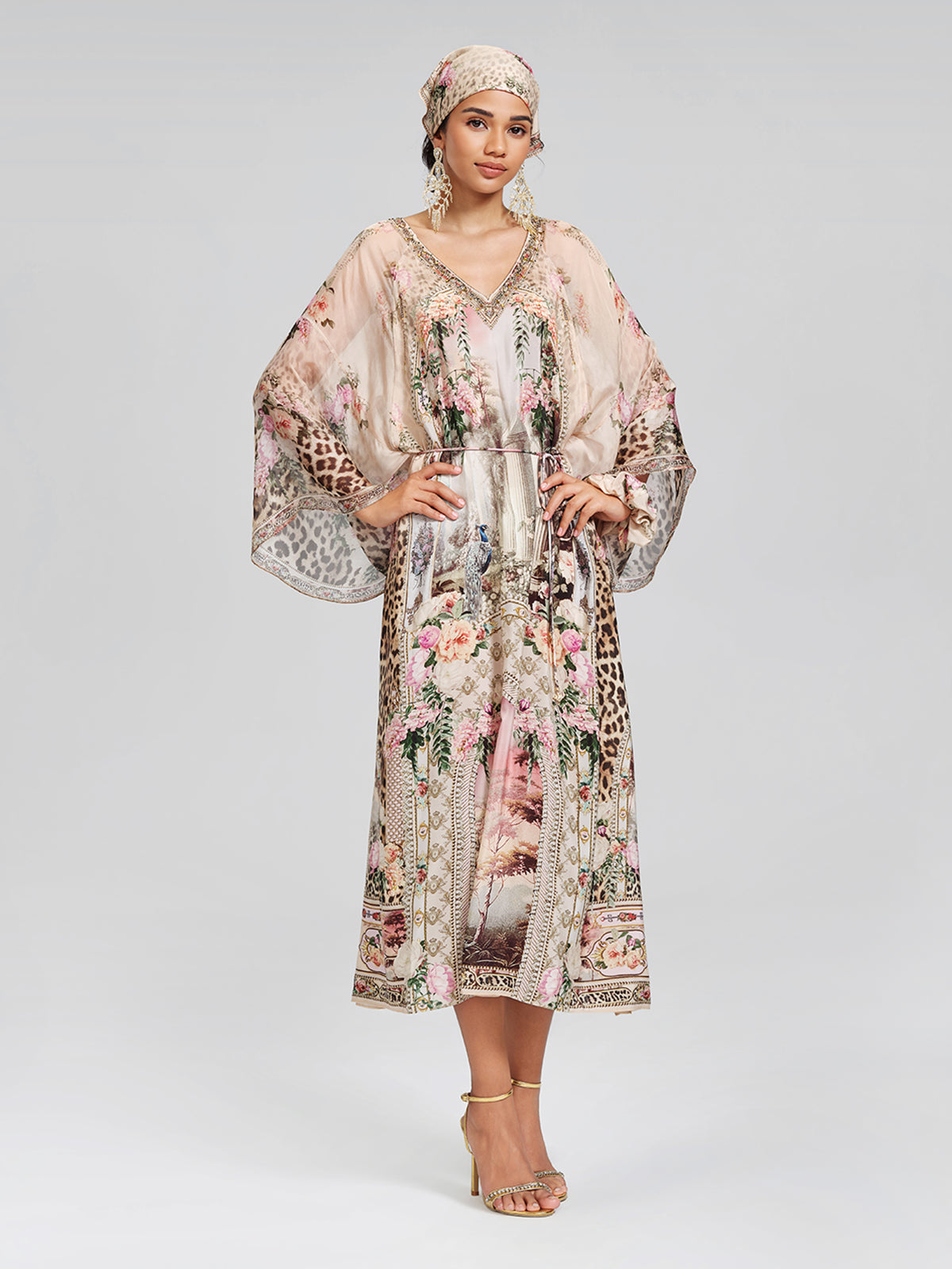 100% Silk Leopard-Floral Batwing-Sleeve Dress