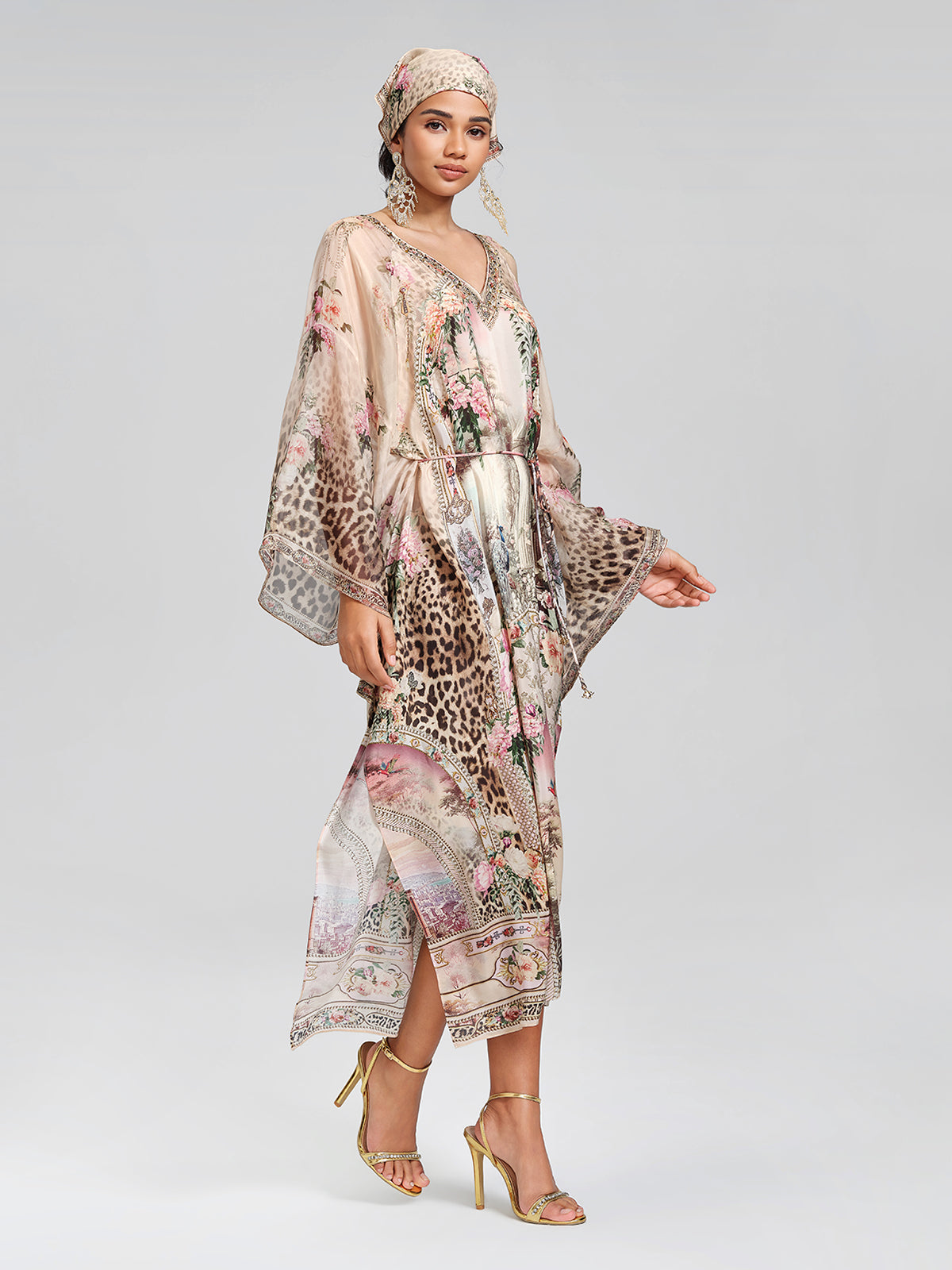 100% Silk Leopard-Floral Batwing-Sleeve Dress