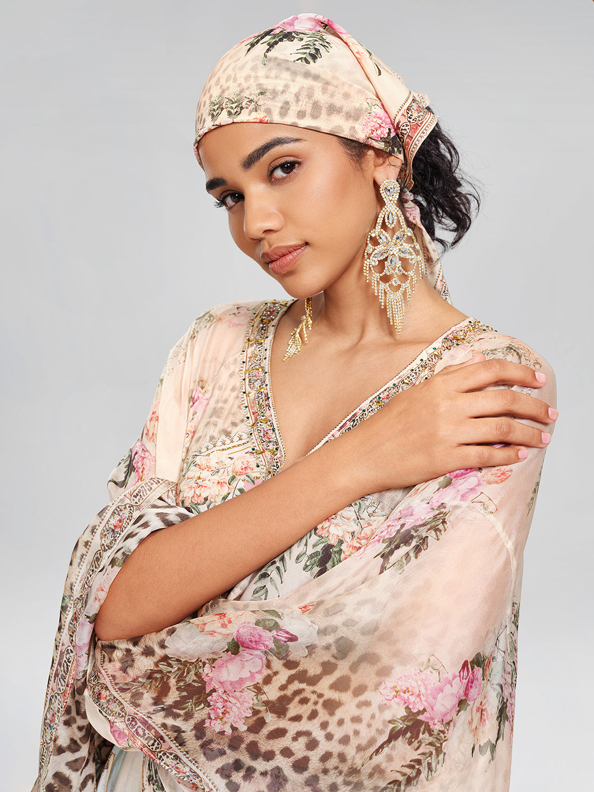 100% Silk Leopard-Floral Batwing-Sleeve Dress
