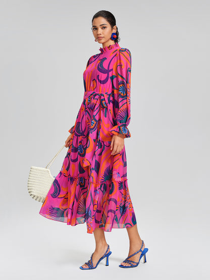 Printed Elastic Waist Mock Neck Dress (Detachable Belt Included)