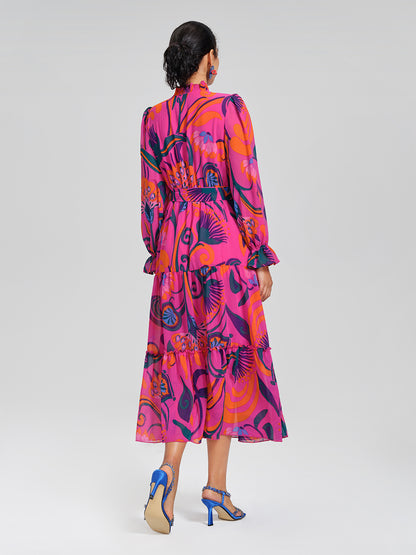 Printed Elastic Waist Mock Neck Dress (Detachable Belt Included)