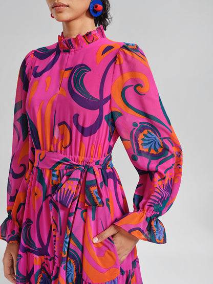 Printed Elastic Waist Mock Neck Dress (Detachable Belt Included)