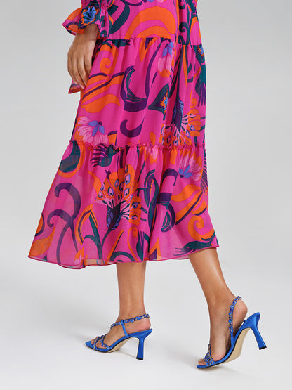 Printed Elastic Waist Mock Neck Dress (Detachable Belt Included)