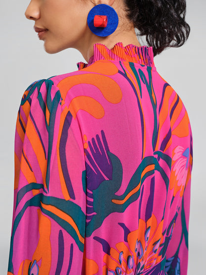 Printed Elastic Waist Mock Neck Dress (Detachable Belt Included)
