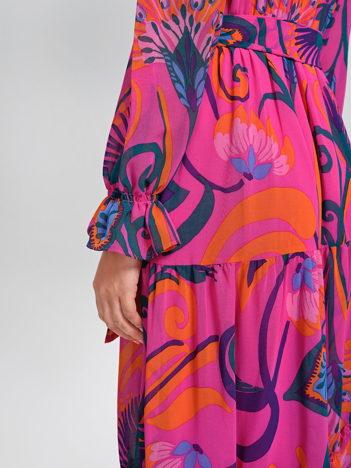 Printed Elastic Waist Mock Neck Dress (Detachable Belt Included)
