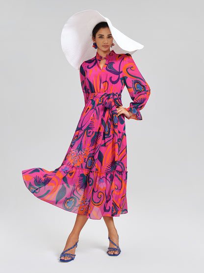 Printed Elastic Waist Mock Neck Dress (Detachable Belt Included)
