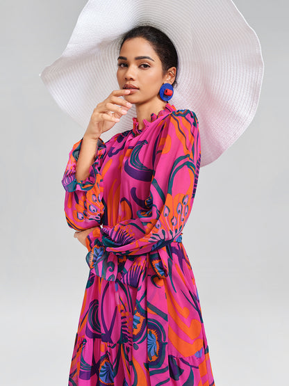 Printed Elastic Waist Mock Neck Dress (Detachable Belt Included)