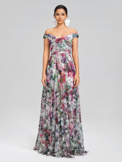 Painterly Floral Sheer Mesh Evening Gown