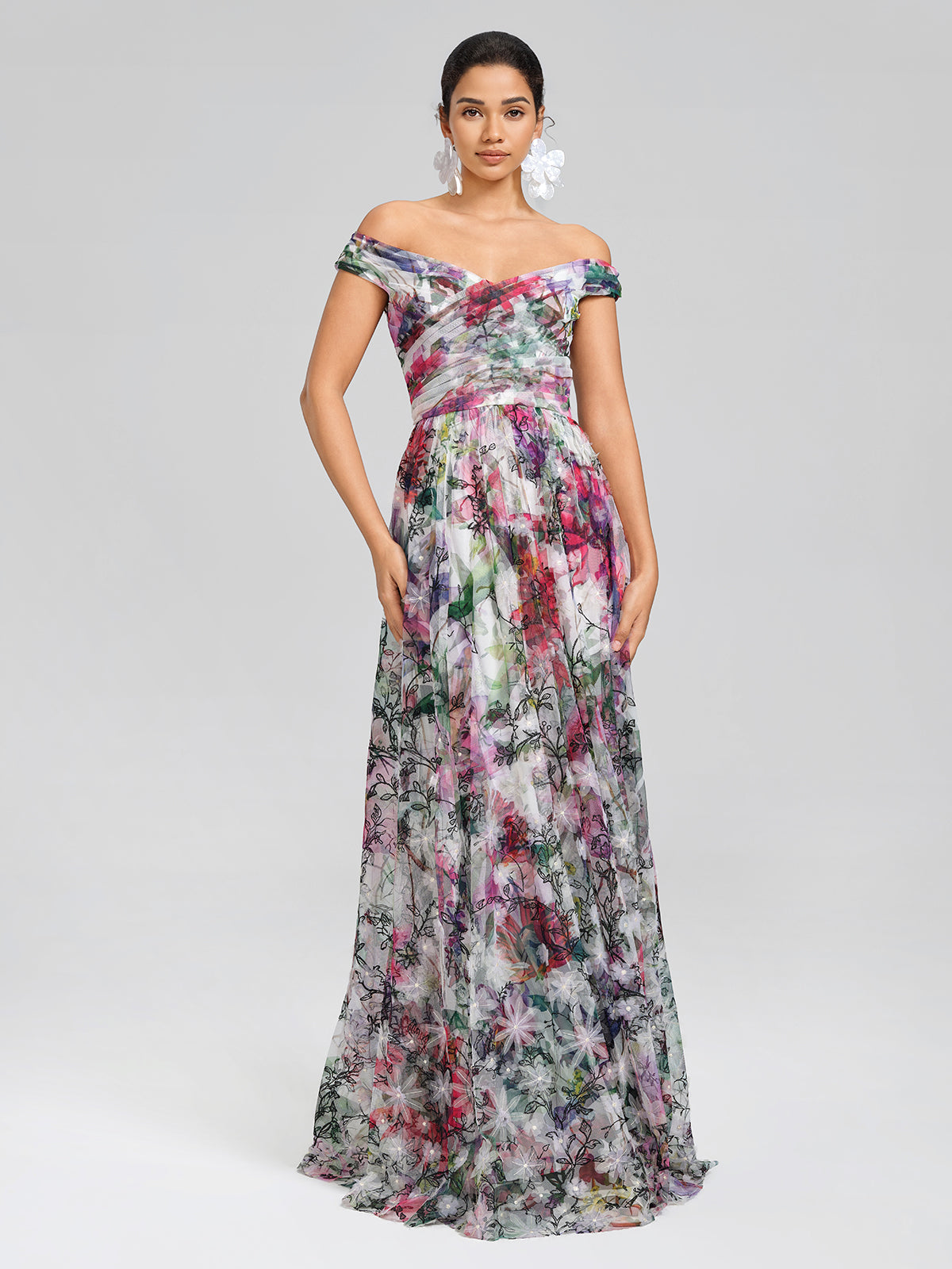 Painterly Floral Sheer Mesh Evening Gown