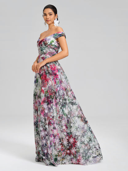 Painterly Floral Sheer Mesh Evening Gown