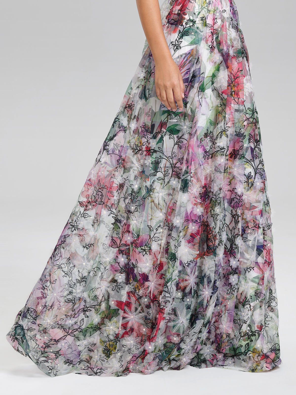 Painterly Floral Sheer Mesh Evening Gown