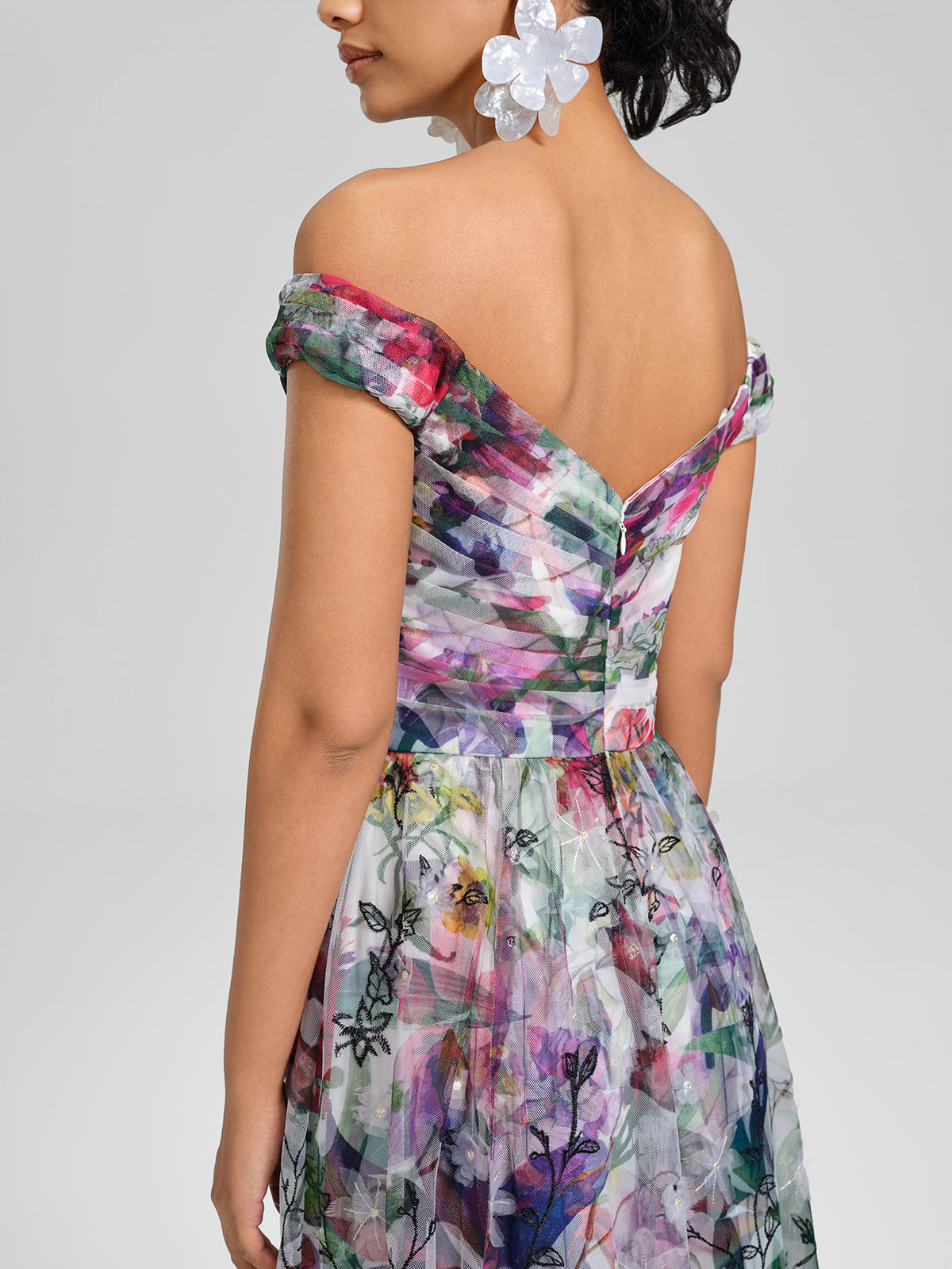 Painterly Floral Sheer Mesh Evening Gown