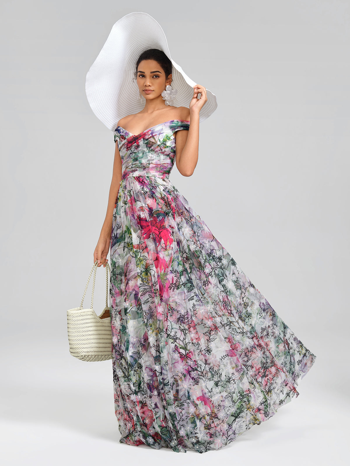 Painterly Floral Sheer Mesh Evening Gown