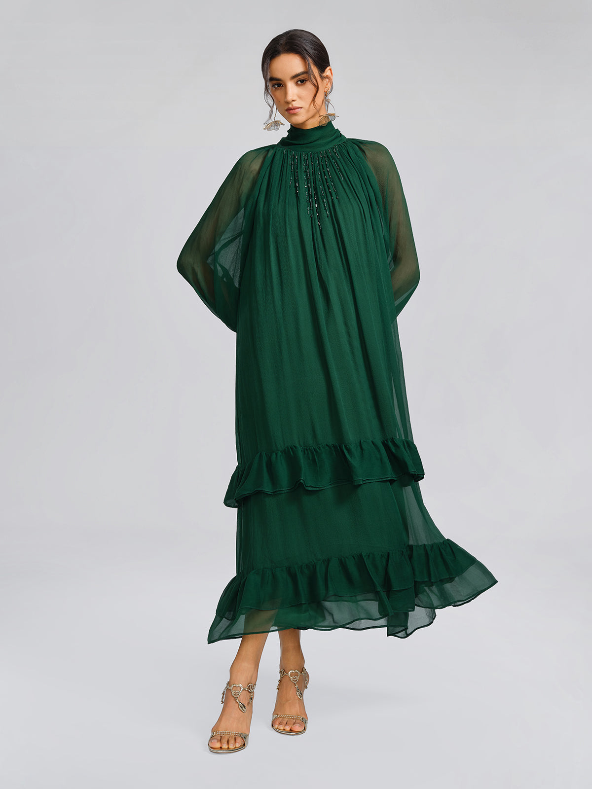 Silk Beaded Tie-Neck Dress（Waist Tie Included）