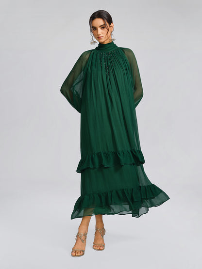 Silk Beaded Tie-Neck Dress（Waist Tie Included）