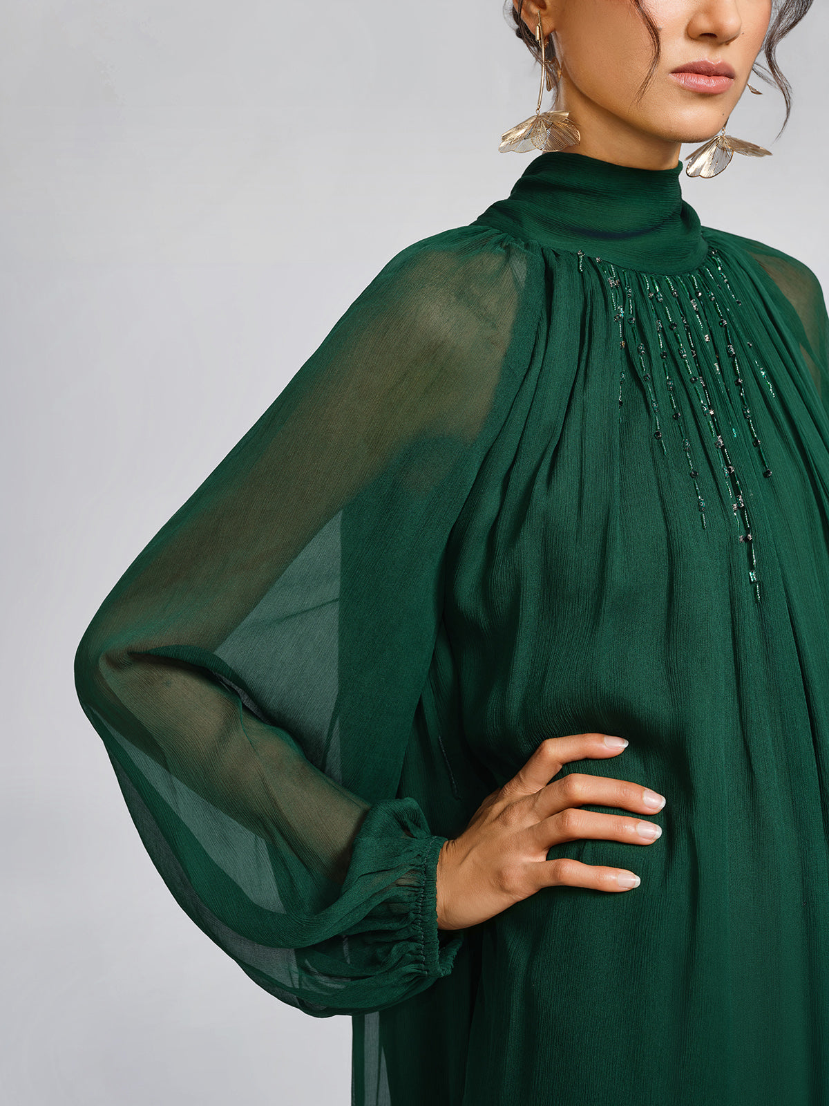 Silk Beaded Tie-Neck Dress（Waist Tie Included）