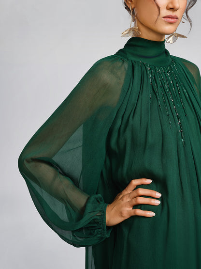 Silk Beaded Tie-Neck Dress（Waist Tie Included）