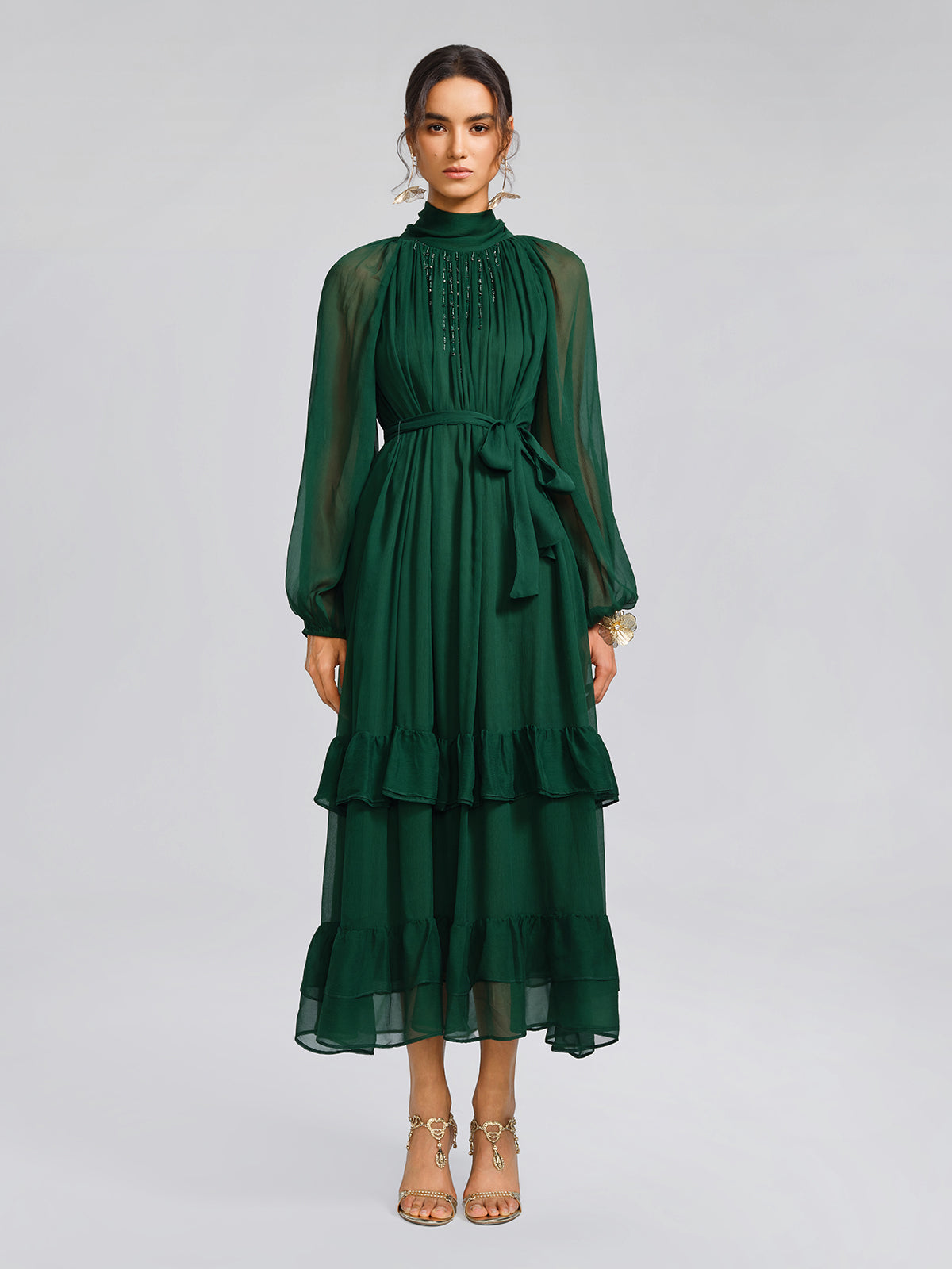 Silk Beaded Tie-Neck Dress（Waist Tie Included）