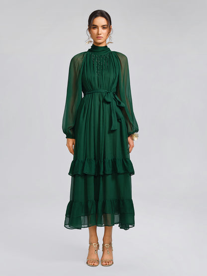 Silk Beaded Tie-Neck Dress（Waist Tie Included）