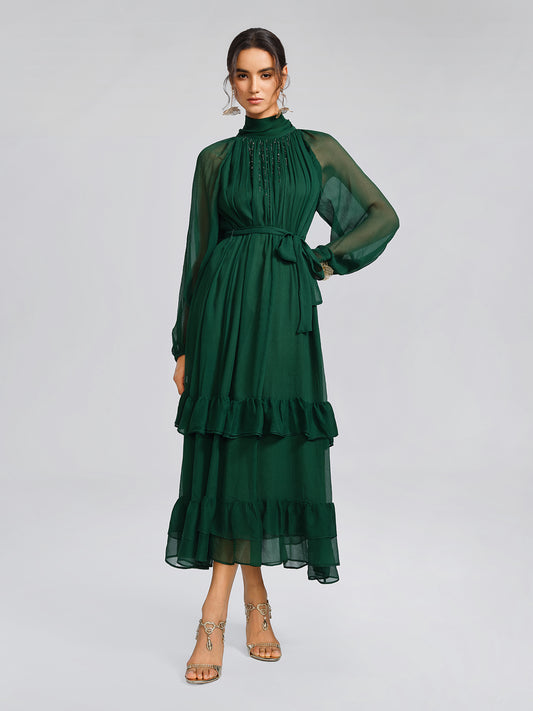 Silk Beaded Tie-Neck Dress（Waist Tie Included）